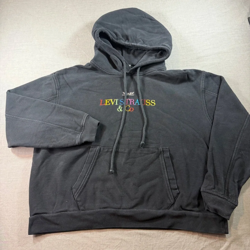 Levi Strauss & Co Hoodie Mens Medium Black Excellent Rainbow Embroidered Logo